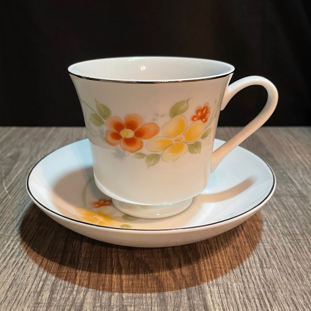 Teacup with Saucer Orange and Yellow Flowers